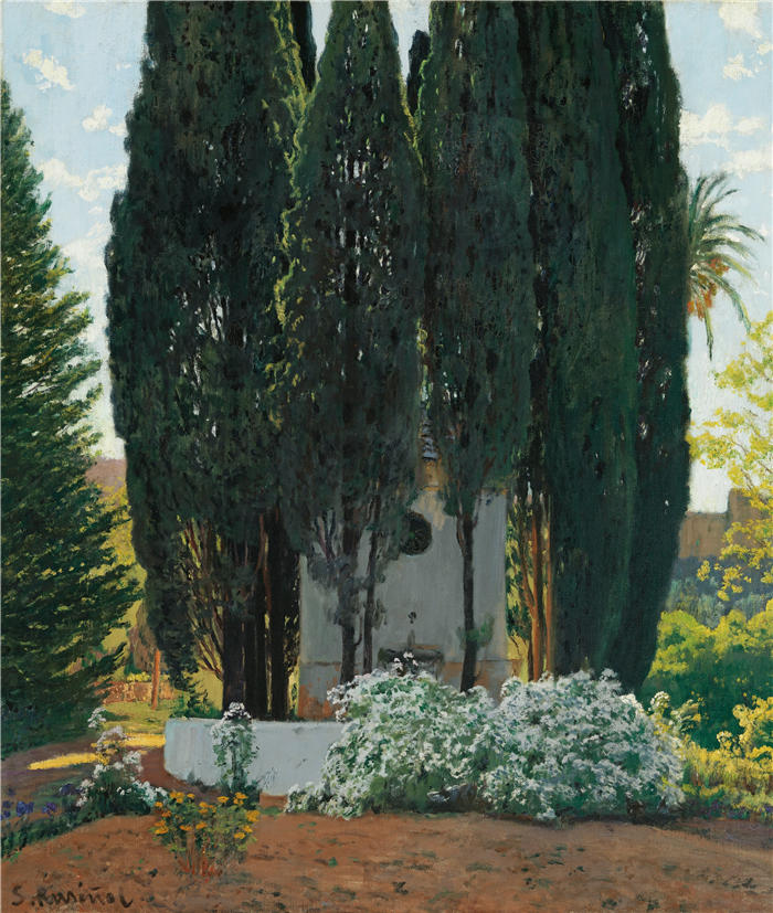 圣地亚哥·鲁西尼奥尔(Santiago Rusiñol,西班牙画家)高清作品-《柏树喷泉》