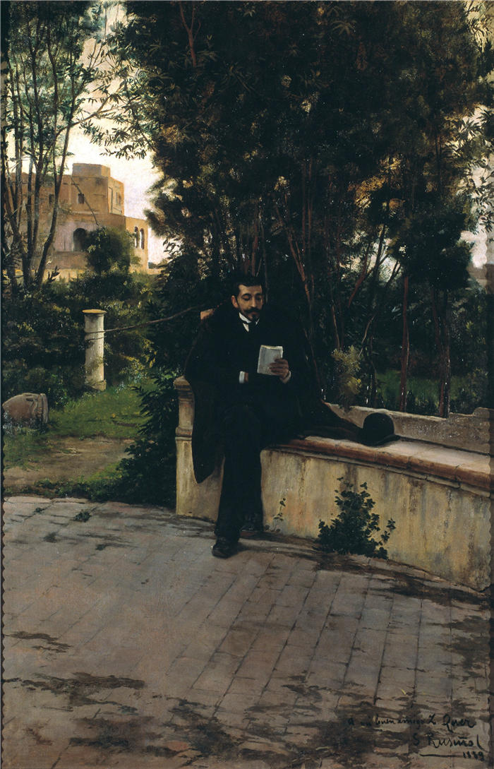 圣地亚哥·鲁西尼奥尔（Santiago Rusiñol，西班牙画家）高清作品-《花园里的 Quer 先生 (1889)》