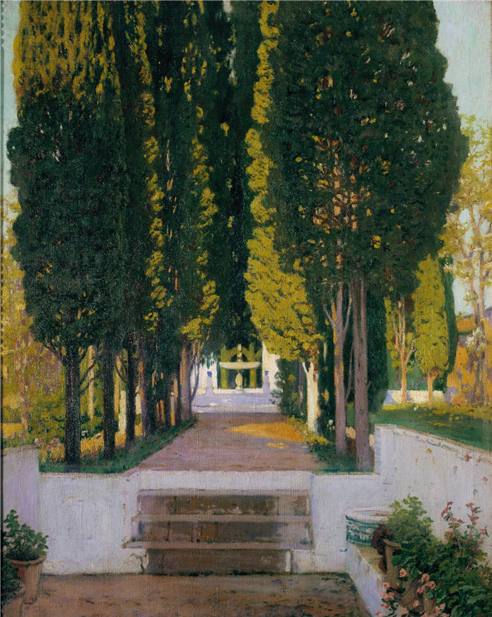圣地亚哥·鲁西尼奥尔（Santiago Rusiñol，西班牙画家）高清作品-《赫内拉利费花园 (1909)》