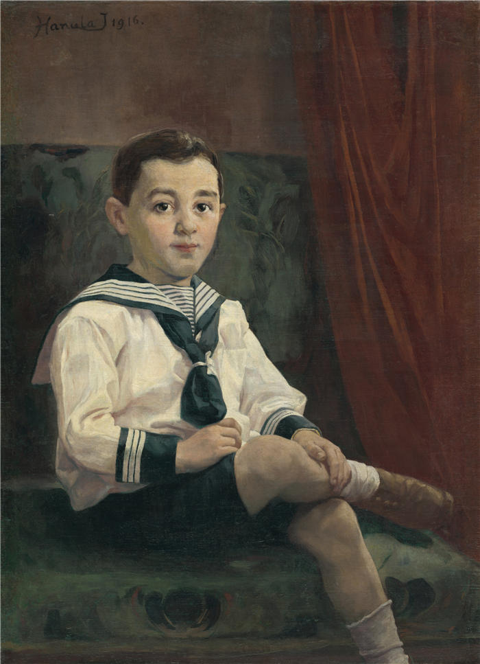 约瑟夫·哈努拉（Jozef Hanula，斯洛伐克画家）高清作品-《穿矩阵服装的男孩（1916）》