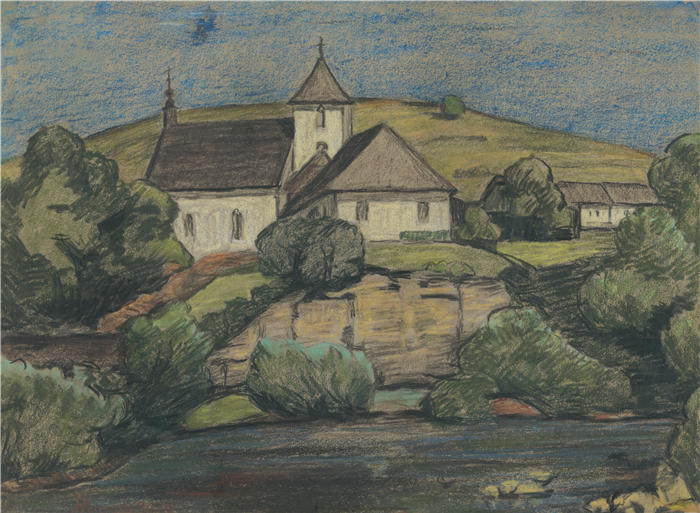 约瑟夫·哈努拉（Jozef Hanula，斯洛伐克画家）高清作品-《教堂景观 (1939)》