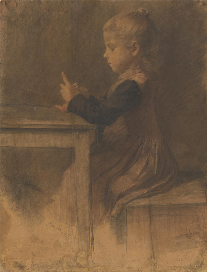 约瑟夫·哈努拉（Jozef Hanula，斯洛伐克画家）高清作品-《女孩针织（1892）》