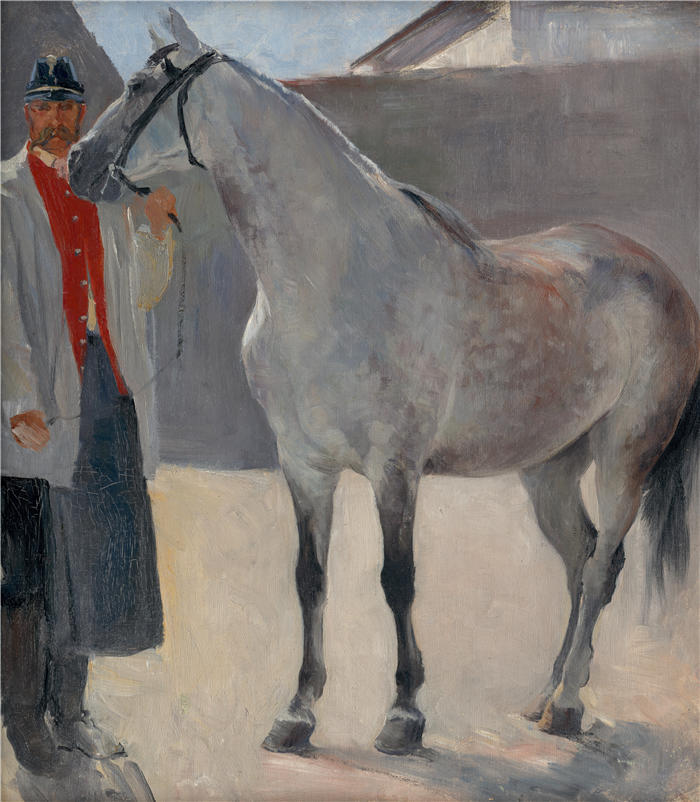 约瑟夫·哈努拉（Jozef Hanula，斯洛伐克画家）高清作品-《与车夫一起研究一匹灰马（1895 年）》