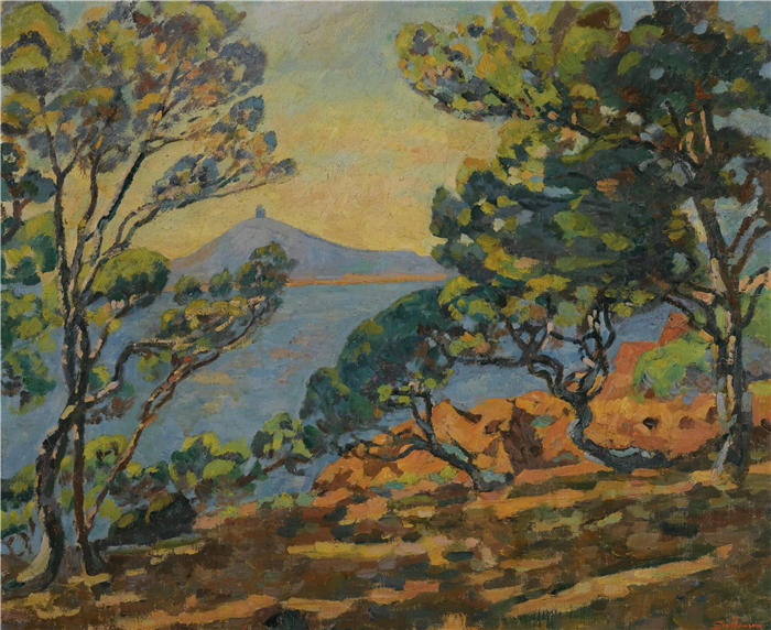 让·巴蒂斯特·阿曼德·纪尧姆(Jean Baptiste Armand Guillaumin,法国画家)高清作品-《阿盖湾和信号灯(1922年)》