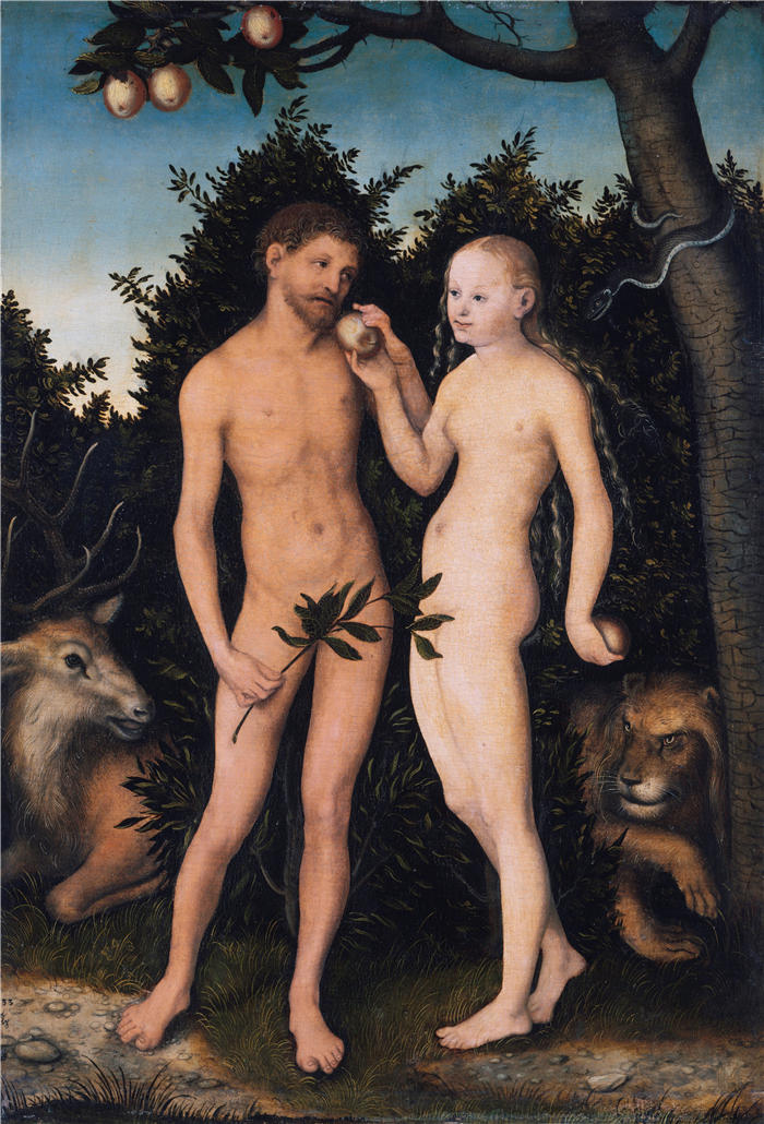 老卢卡斯·克拉纳赫（Lucas Cranach the Elder，德国画家）高清作品-《亚当和夏娃在天堂（堕落）（1533）》