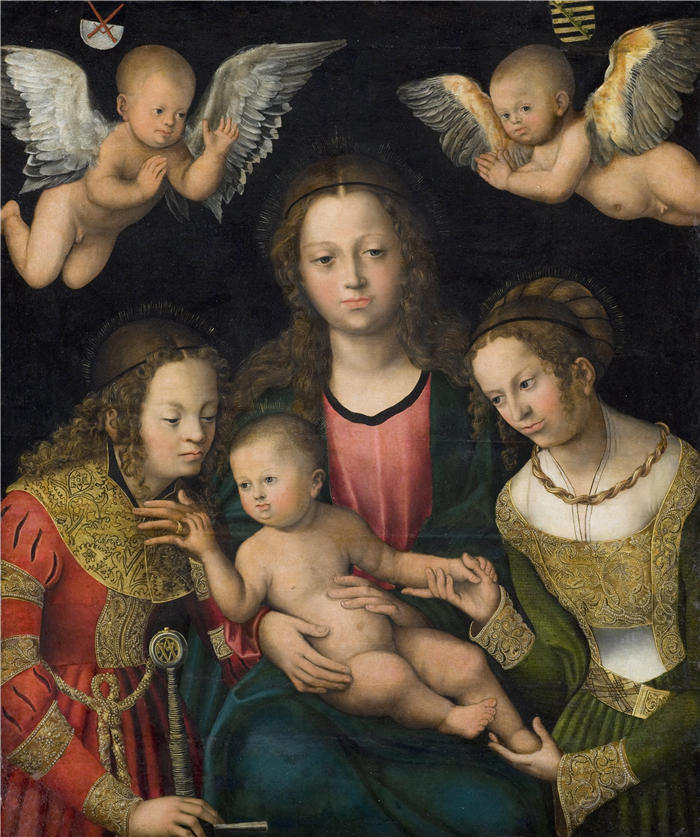 老卢卡斯·克拉纳赫(Lucas Cranach the Elder,德国画家)高清作品-《圣母子与圣徒凯瑟琳和芭芭拉 (1510 – 1512)》