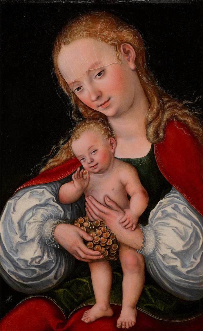 老卢卡斯·克拉纳赫(Lucas Cranach the Elder,德国画家)高清作品-《麦当娜和孩子与葡萄(约 1537 年)》