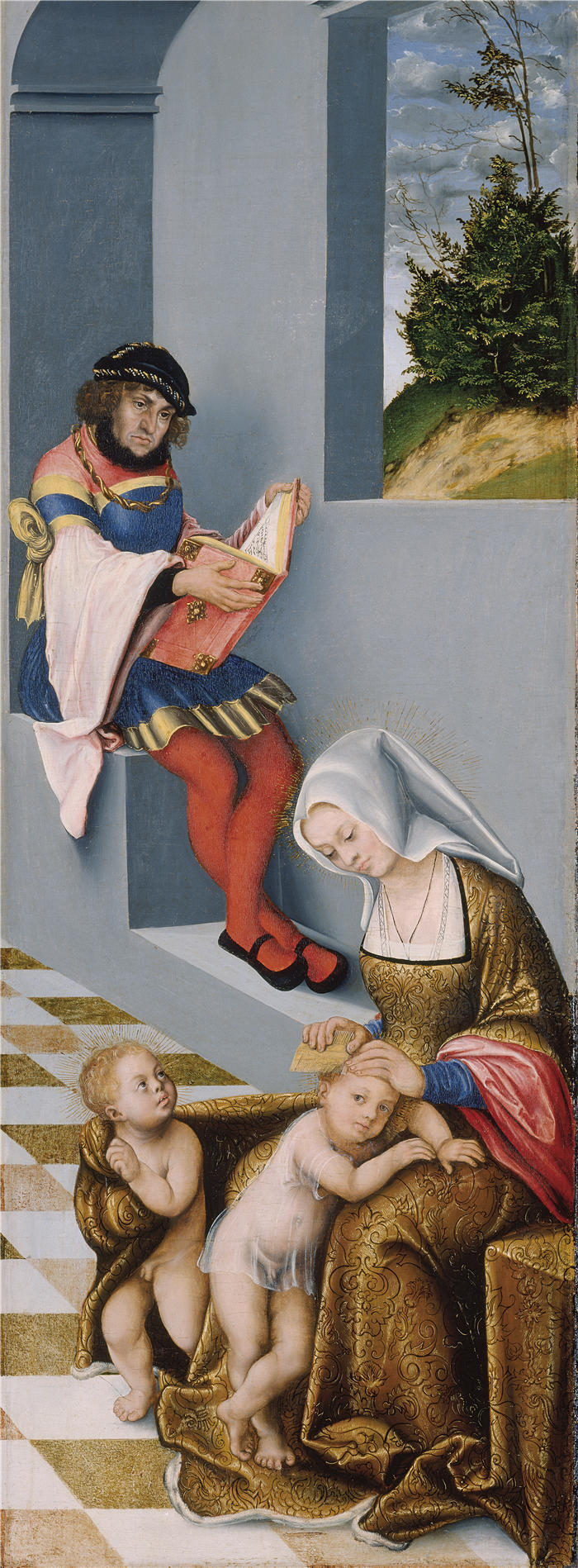 老卢卡斯·克拉纳赫（Lucas Cranach the Elder，德国画家）高清作品-《玛丽·萨洛米和西庇太及其儿子圣詹姆斯大帝和福音传道者圣约翰（1509）》