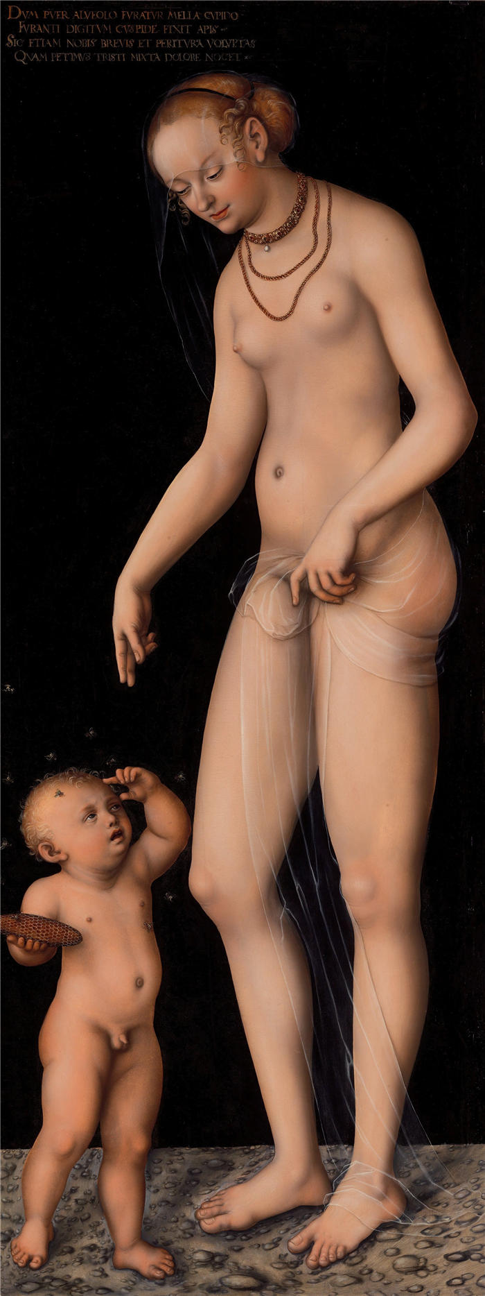 老卢卡斯·克拉纳赫(Lucas Cranach the Elder,德国画家)高清作品-《维纳斯与丘比特作为偷蜜者(1537 年后)》