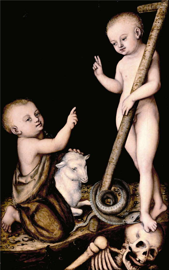 老卢卡斯·克拉纳赫(Lucas Cranach the Elder,德国画家)高清作品-《施洗者圣约翰对儿童耶稣的崇拜(1530 年至 1540 年间)》
