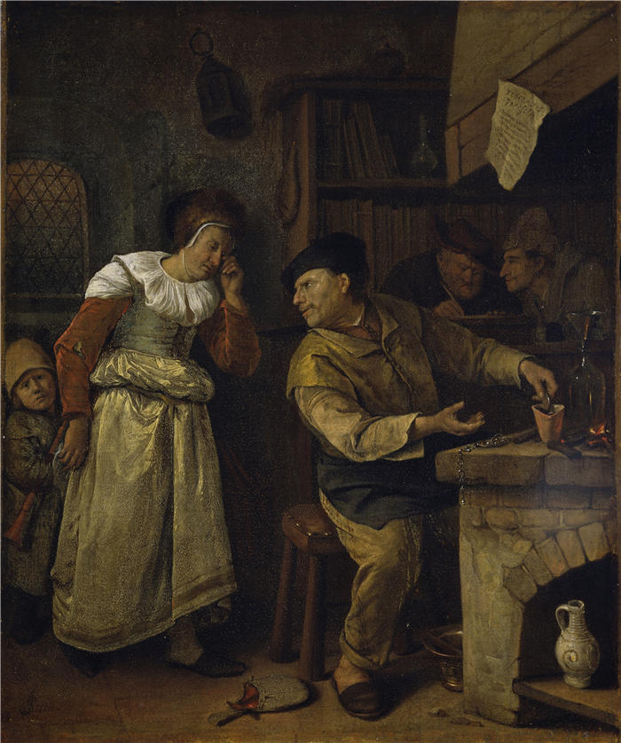 扬·斯汀（Jan Steen，荷兰画家）高清作品-《一位金匠在公证人面前熔化女人的珠宝，“炼金术士”（约 1668 – 1670 年）》