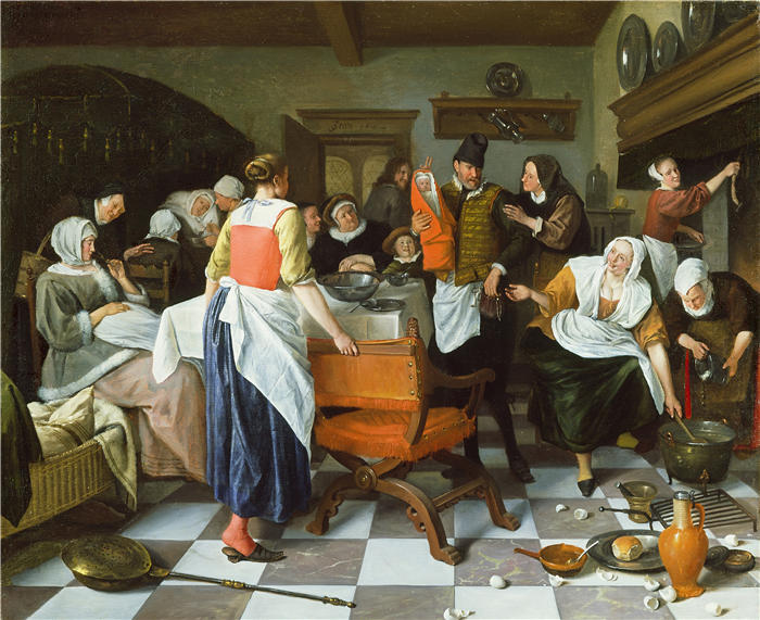 扬·斯汀（Jan Steen，荷兰画家）高清作品-《庆祝诞生 (1664)》