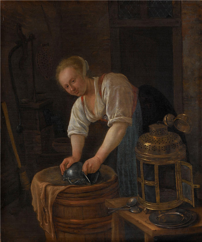 扬·斯汀（Jan Steen，荷兰画家）高清作品-《女人擦金属器（1650 - 1660）》