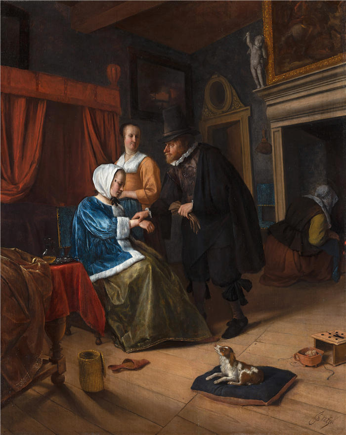 扬·斯汀（Jan Steen，荷兰画家）高清作品-《生病的女孩（约 1660 年）》