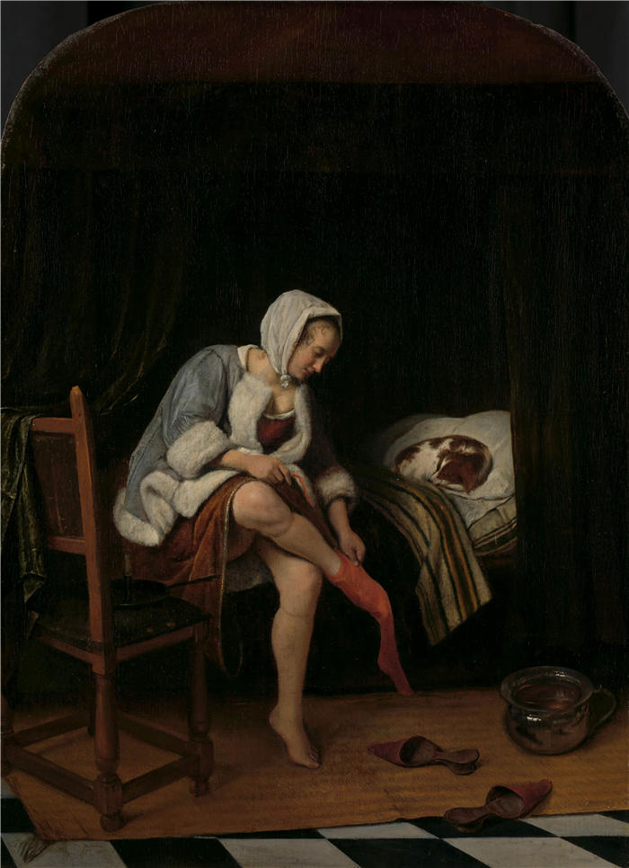 扬·斯汀(Jan Steen,荷兰画家)高清作品-《厕所里的女人 (1655 - 1660)》