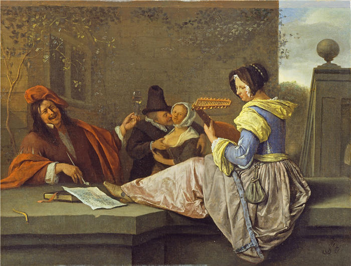 扬·斯汀（Jan Steen，荷兰画家）高清作品-《琵琶演奏者（约 1670 年）》