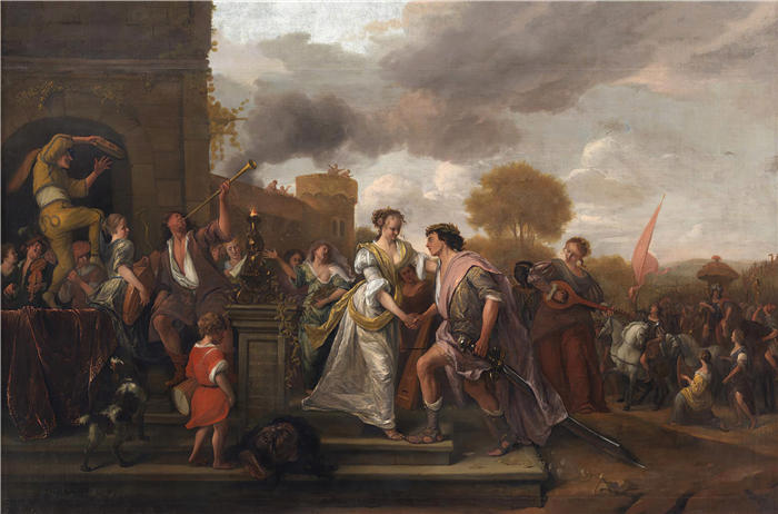 扬·斯汀(Jan Steen,荷兰画家)高清作品-《大卫击败歌利亚和非利士人后胜利归来 (1670 - 1671)》