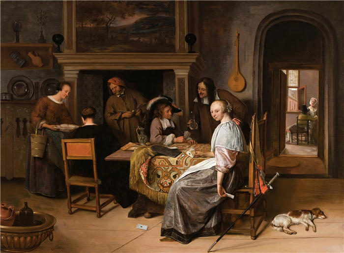 扬·斯汀（Jan Steen，荷兰画家）高清作品-《一家优雅的公司在室内与人物在桌子上打牌》