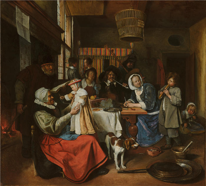 扬·斯汀（Jan Steen，荷兰画家）高清作品-《“老唱，年轻人唱”（约 1663 - 1665 年）》