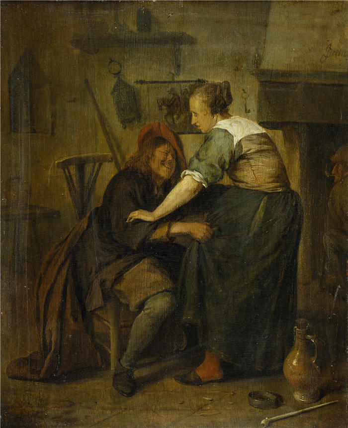 扬·斯汀（Jan Steen，荷兰画家）高清作品-《有客人和服务女仆的旅馆（约 1665 年）》