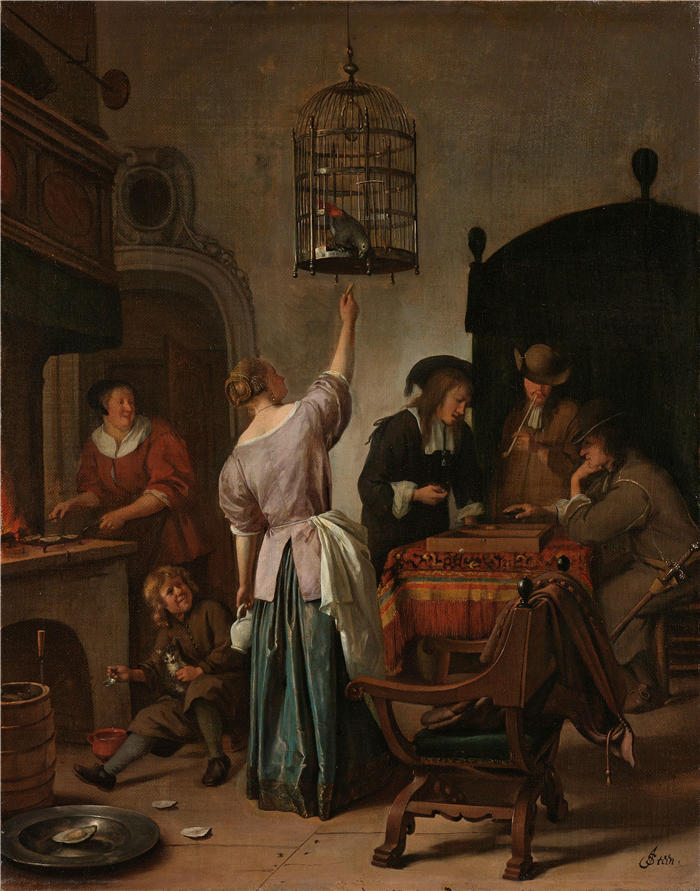 扬·斯汀（Jan Steen，荷兰画家）高清作品-《一个女人喂鹦鹉（c. 1660 - c. 1670）》