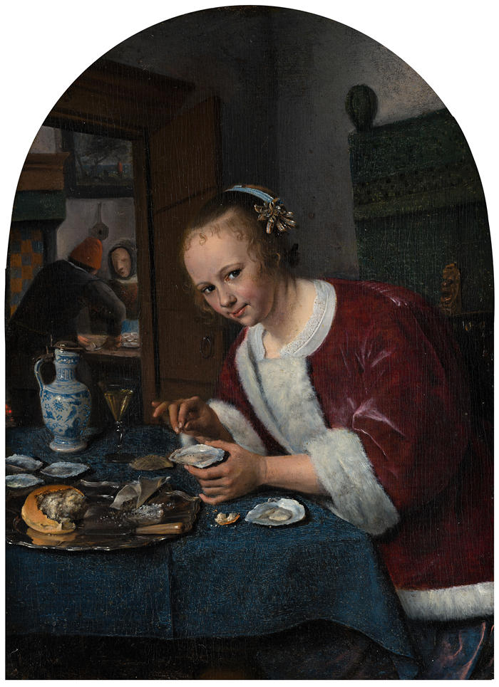 扬·斯汀(Jan Steen,荷兰画家)高清作品-《吃牡蛎的女孩(c. 1658 - 1660)》