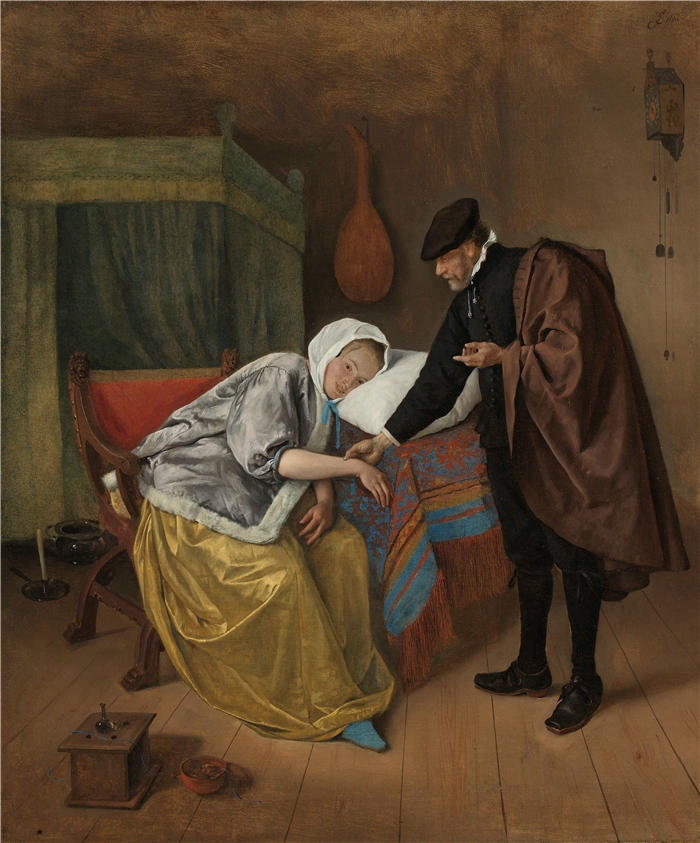 扬·斯汀（Jan Steen，荷兰画家）高清作品-《生病的女人（c. 1663 - c. 1666）》