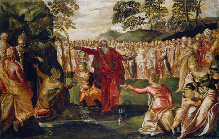 雅各布·丁托列托（Jacopo Tintoretto，意大利画家）高清作品-《摩西击石（约 1555 – 1570 年）》