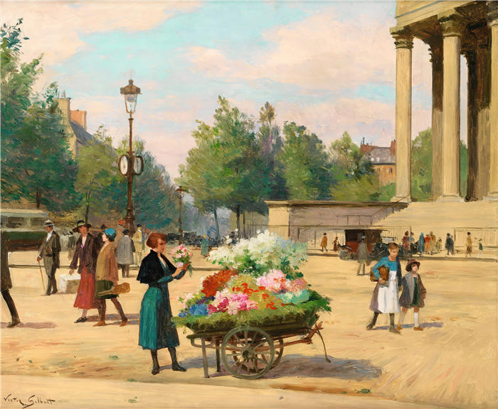维克多·加布里埃尔·吉尔伯特（Victor Gabriel Gilbert，法国画家）高清作品-《巴黎玛德琳教堂前的花商》