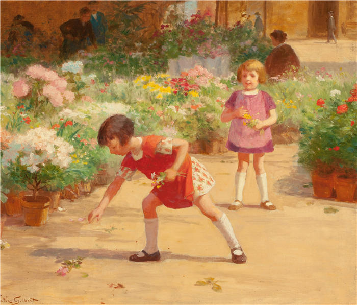 维克多·加布里埃尔·吉尔伯特(Victor Gabriel Gilbert,法国画家)高清作品-《采花》