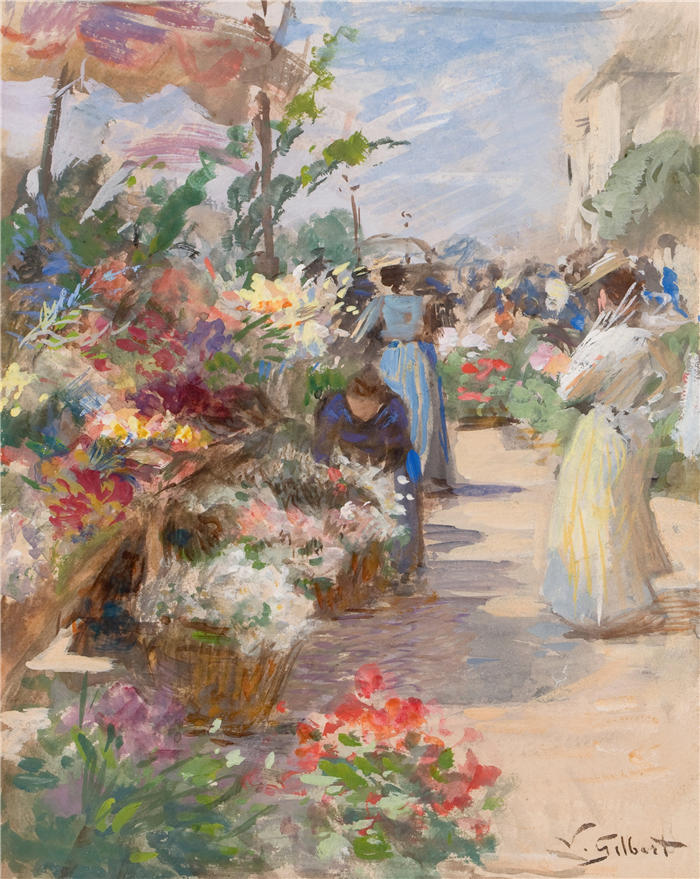 维克多·加布里埃尔·吉尔伯特（Victor Gabriel Gilbert，法国画家）高清作品-《花卉市场》