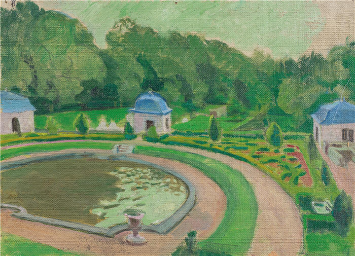 莫里斯·丹尼斯(Maurice Denis,法国画家)高清作品-《罗桑博城堡、盆地和亭子(草图2)(1942年)》