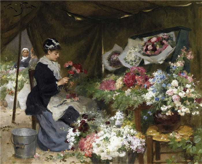 维克多·加布里埃尔·吉尔伯特（Victor Gabriel Gilbert，法国画家）高清作品-《做她的花束的卖花人》