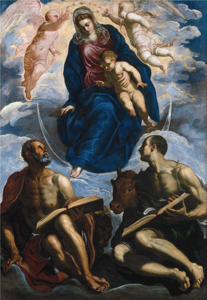 雅各布·丁托列托(Jacopo Tintoretto,意大利画家)高清作品-《圣马克和圣卢克崇敬的玛丽和孩子(1570 年之前)》