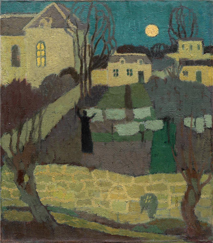 莫里斯·丹尼斯(Maurice Denis,法国画家)高清作品-《在修道院烘干亚麻布或月出(1894 年)》
