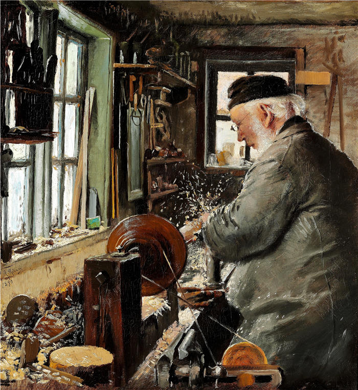 劳里茨·安徒生·瑞(Laurits Andersen Ring，丹麦画家)高清作品-《一个车工坐在他的回转台上（1890年）》