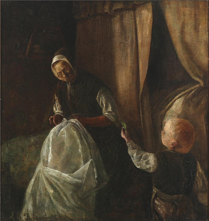 劳里茨·安徒生·瑞(Laurits Andersen Ring，丹麦画家)高清作品-《一个男孩递给祖母一颗绿豌豆（1881年）》