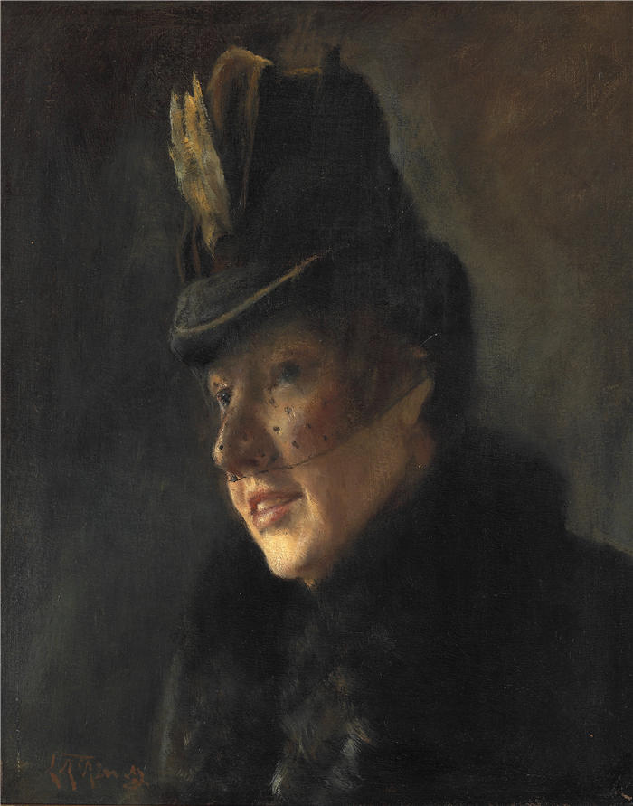 劳里茨·安徒生·瑞(Laurits Andersen Ring，丹麦画家)高清作品-《戴面纱帽子的年轻女子的肖像（1886年） 》