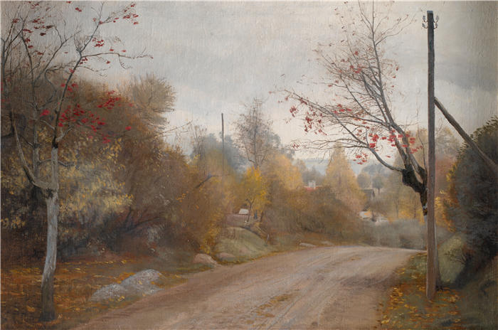 劳里茨·安徒生·瑞(Laurits Andersen Ring，丹麦画家)高清作品-《新西兰 Mogenstrup 的道路，秋天（1888 年）》