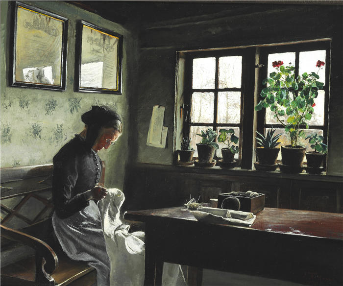劳里茨·安徒生·瑞(Laurits Andersen Ring，丹麦画家)高清作品-《缝纫妻子的室内（1909）》