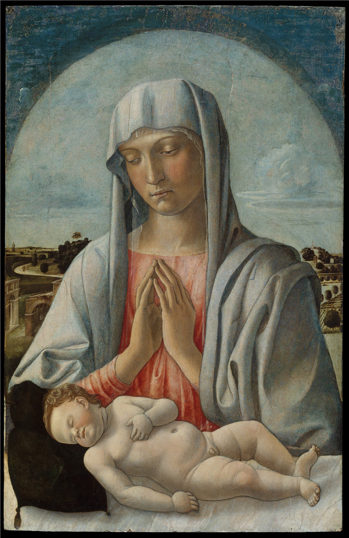 乔凡尼·贝里尼 (Giovanni Bellini，意大利，1430-1516 年）-麦当娜崇拜熟睡的孩子油画 1460年