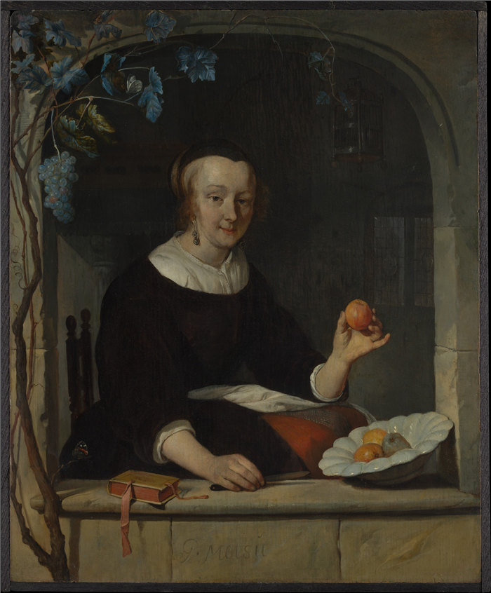 加布里埃尔·梅苏（Gabriël Metsu，荷兰）-坐在窗边的女人，1660 年高清作品
