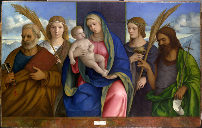 乔凡尼·贝里尼 (Giovanni Bellini，意大利，1430-1516 年）-麦当娜和圣徒的孩子油画