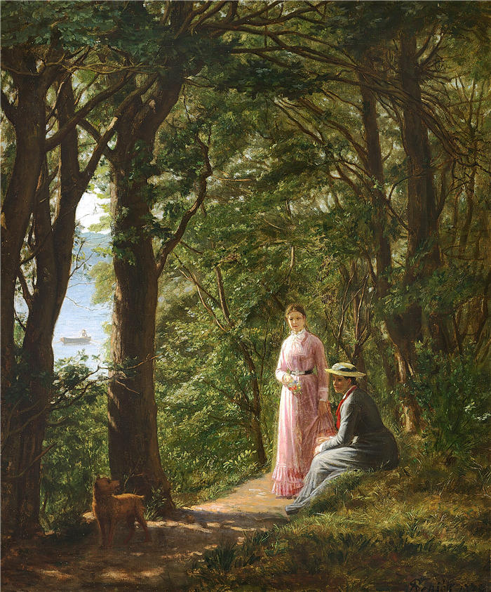 奥古斯特·席特（August Schiøtt，丹麦画家）-一个夏天，两个女人和一条狗在一条可以俯瞰大海的林间小路上（1878年）