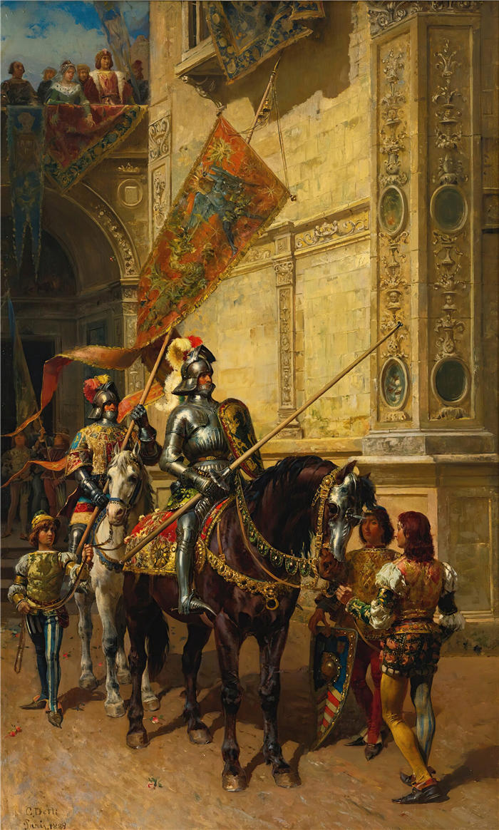 切萨雷·阿戈斯蒂诺·德蒂（Cesare Agostino Detti，意大利画家）高清作品-《角逐（1888）》