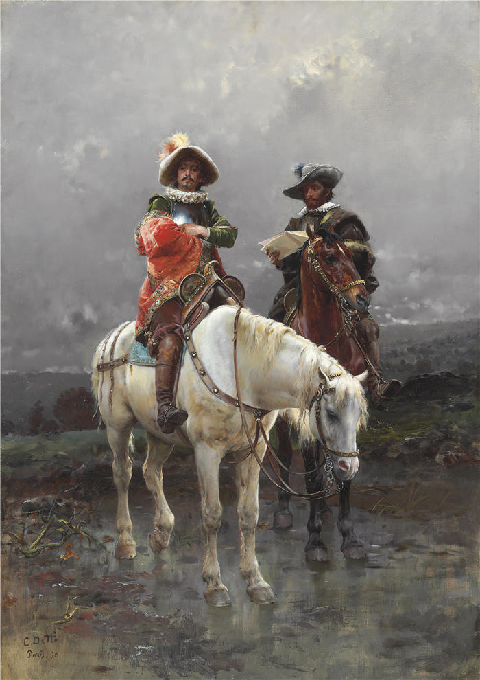 切萨雷·阿戈斯蒂诺·德蒂（Cesare Agostino Detti，意大利画家）高清作品-《白马骑士（1890）》