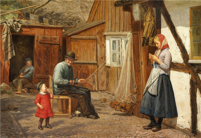 奥古斯特·席特（August Schiøtt，丹麦画家）-一个小女孩在屋外与渔夫交谈