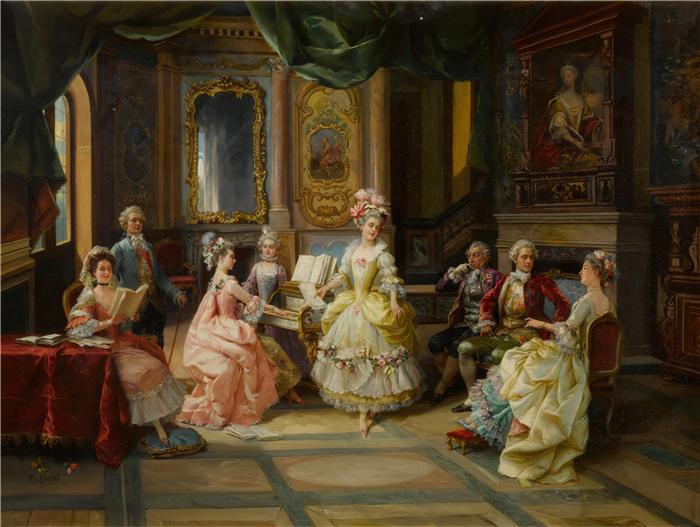 切萨雷·阿戈斯蒂诺·德蒂（Cesare Agostino Detti，意大利画家）高清作品-《客厅里的音乐》