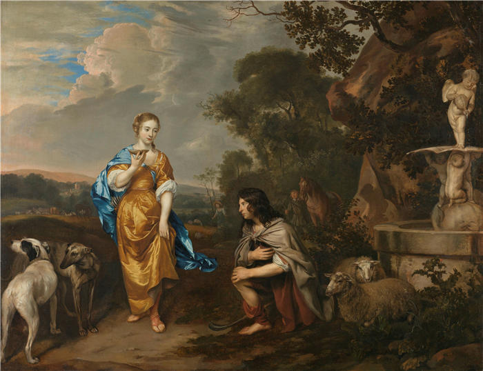 扬·米腾斯（Jan Mijtens，荷兰画家）高清作品-《一对年轻夫妇的双重肖像作为格拉尼达和戴菲罗（c. 1640 - c. 1670）》