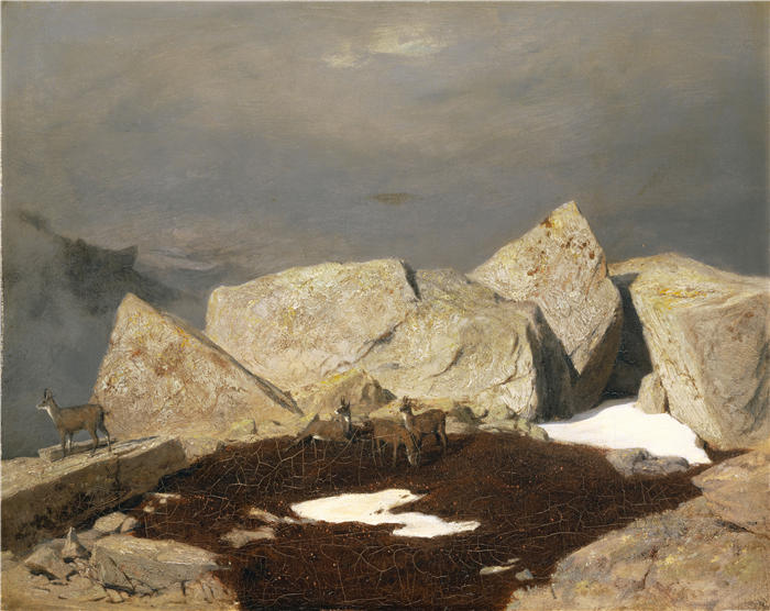 阿诺德·伯克林（瑞士画家 ，Arnold Böcklin）高清作品-《带羚羊的山景（1849 年）》